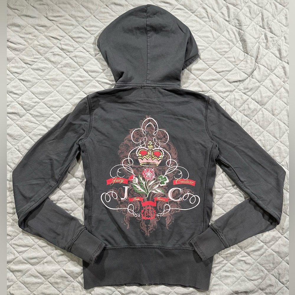 Juicy Couture Zip Up Hoodie, Y2K Embroidery Detail, Gray, Size Small